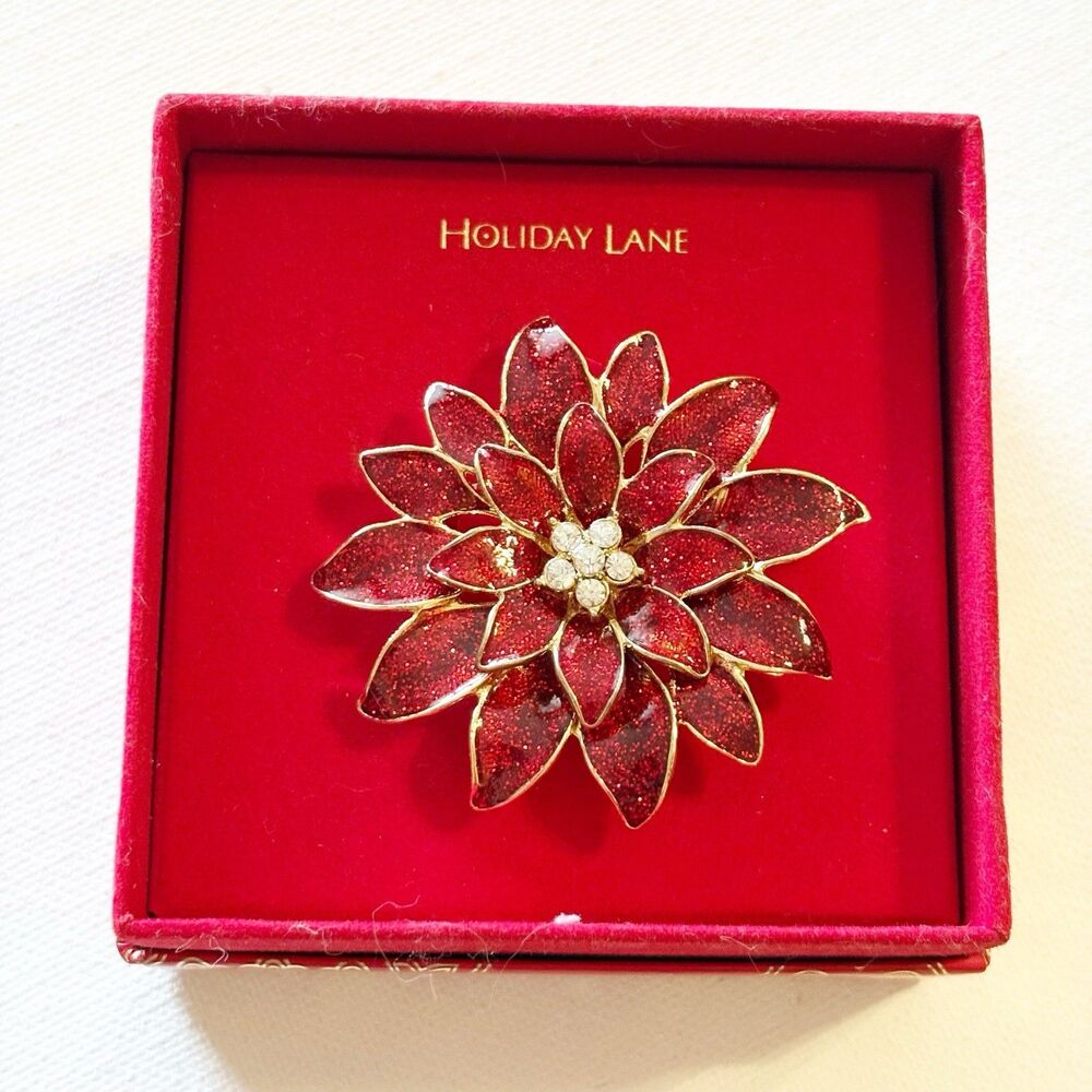 Macy's Holiday Lane Red Gold Enamel Poinsettia Brooch Pin Rhinestones Christmas